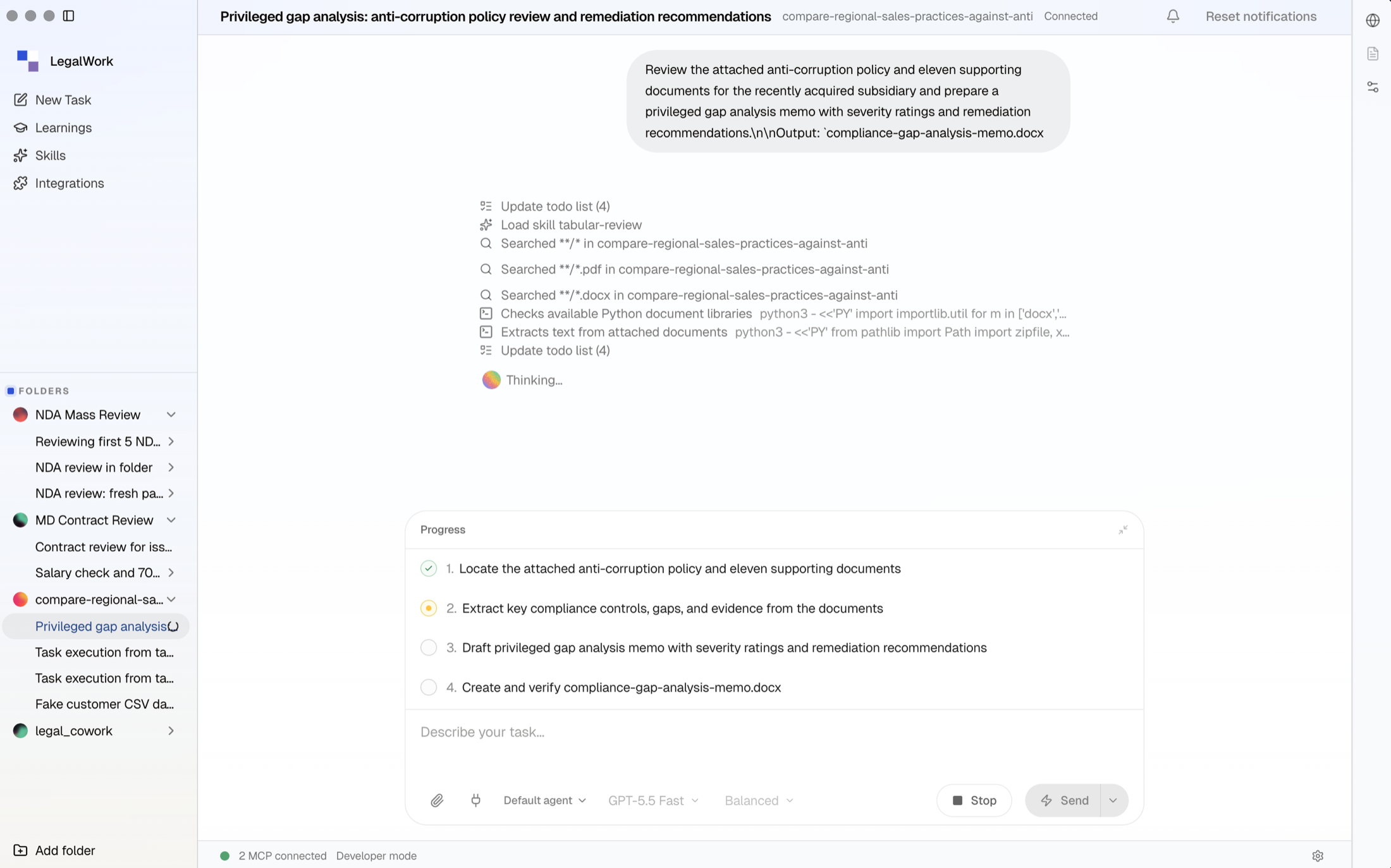 LegalWork breaking an anti-corruption review into a four-step plan and working through the supporting documents on-device.